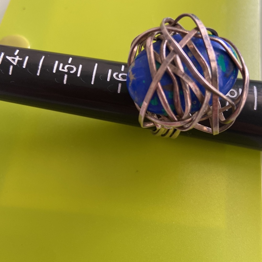 Silver Wire Caged Lapis Ring- Artisan Made, Vtg - image 3